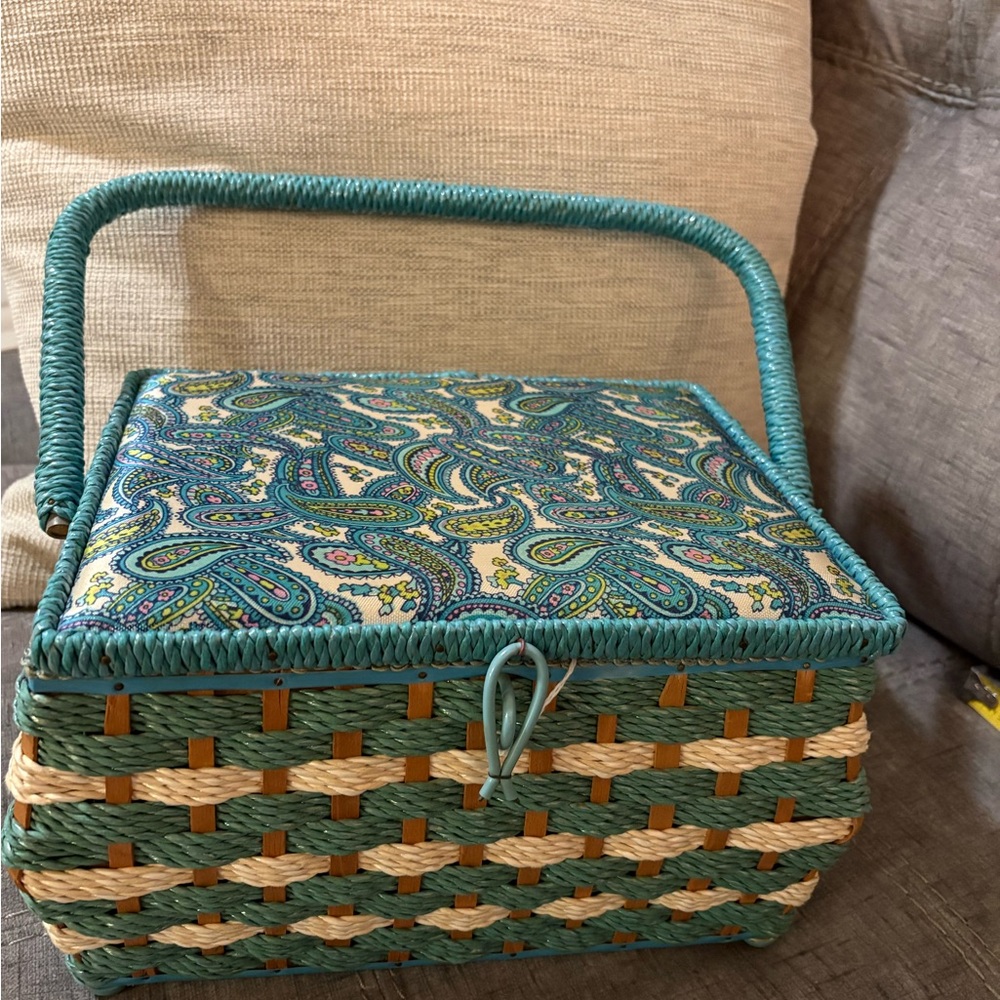 Vintage Woven Sewing Basket with Paisley Lid